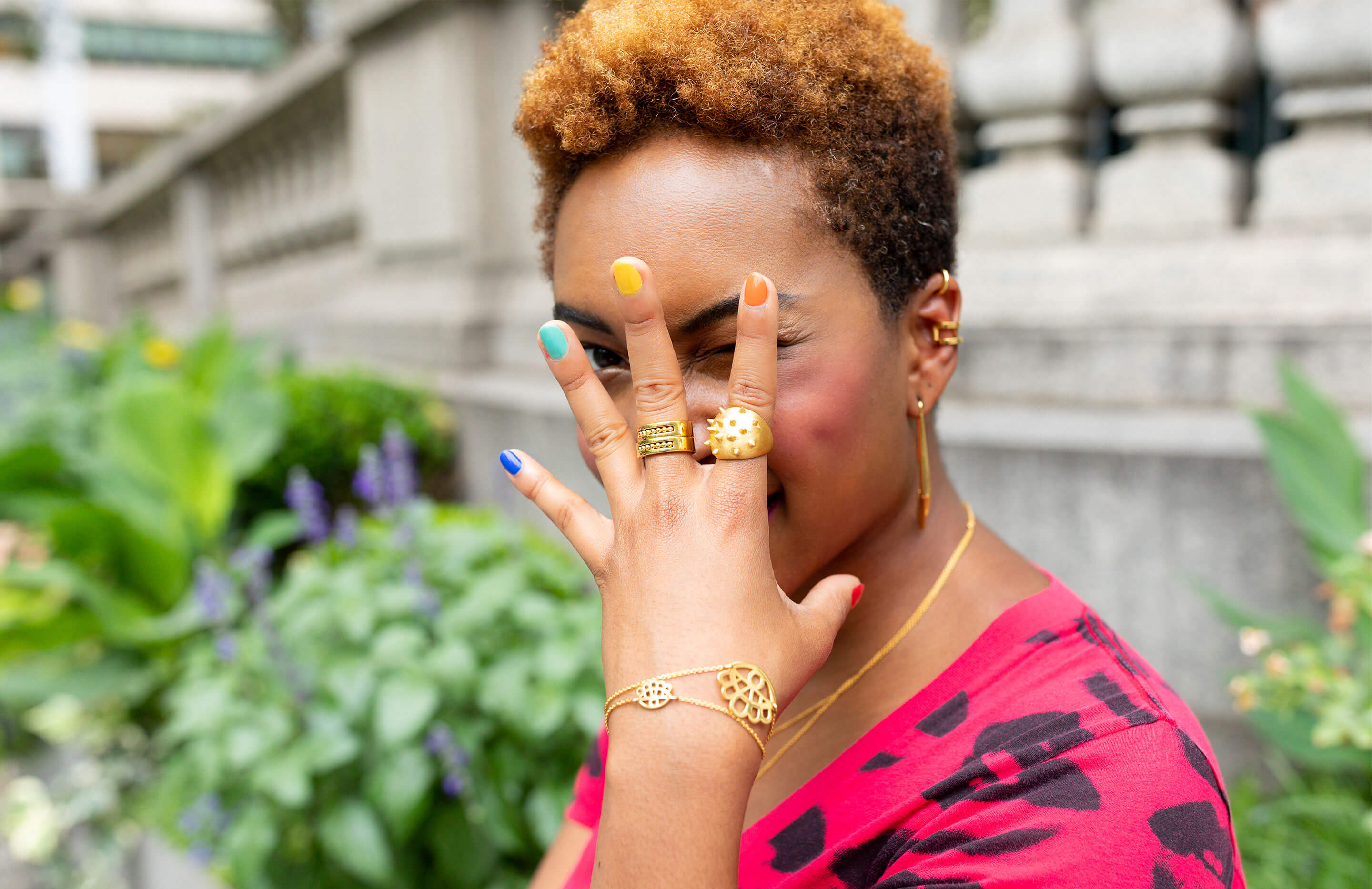 Carla Gibson is wearing Auvere 22 and 24 karat gold jewelry