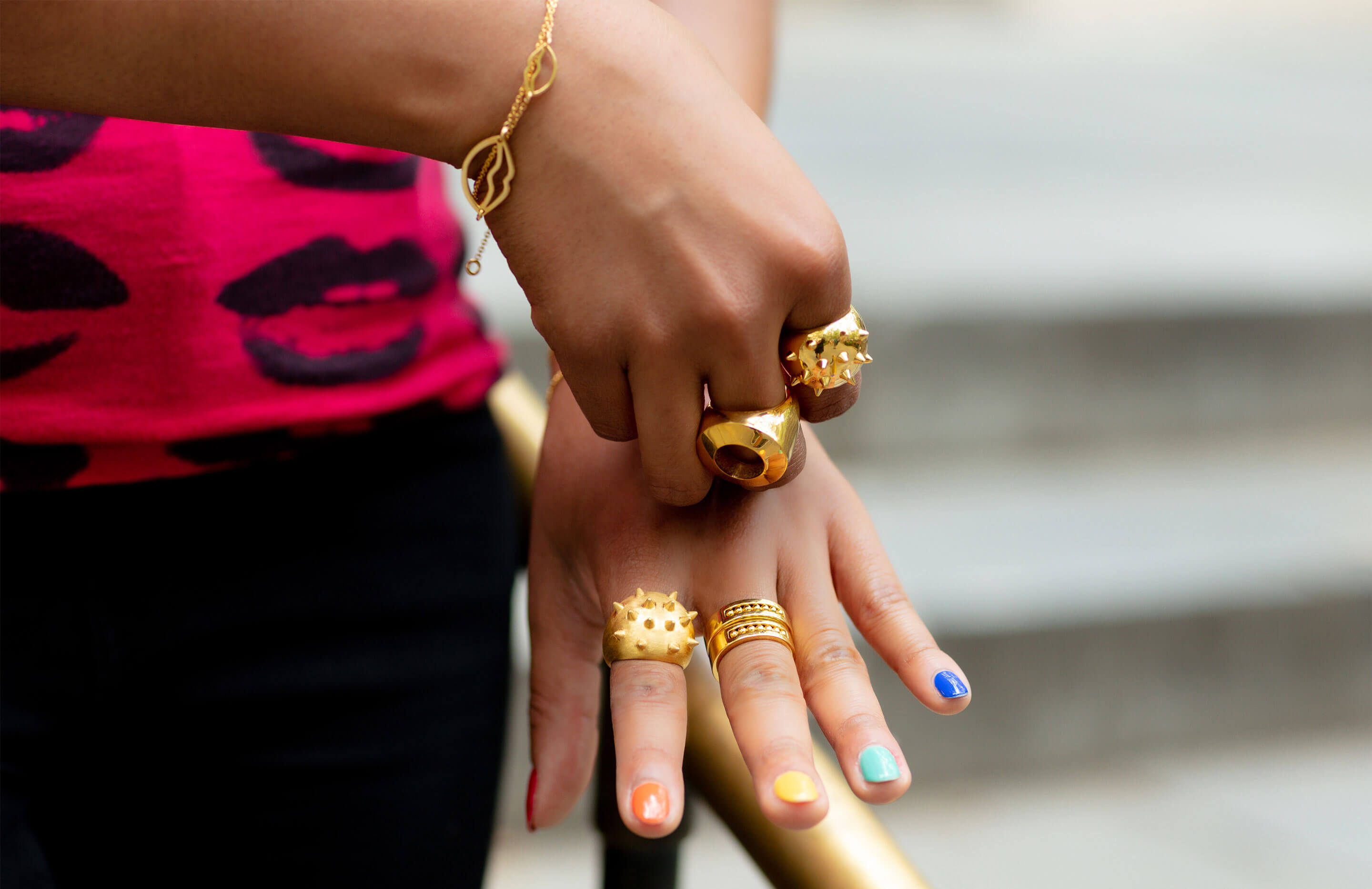 Carla Gibson is wearing Auvere 22 and 24 karat gold jewelry
