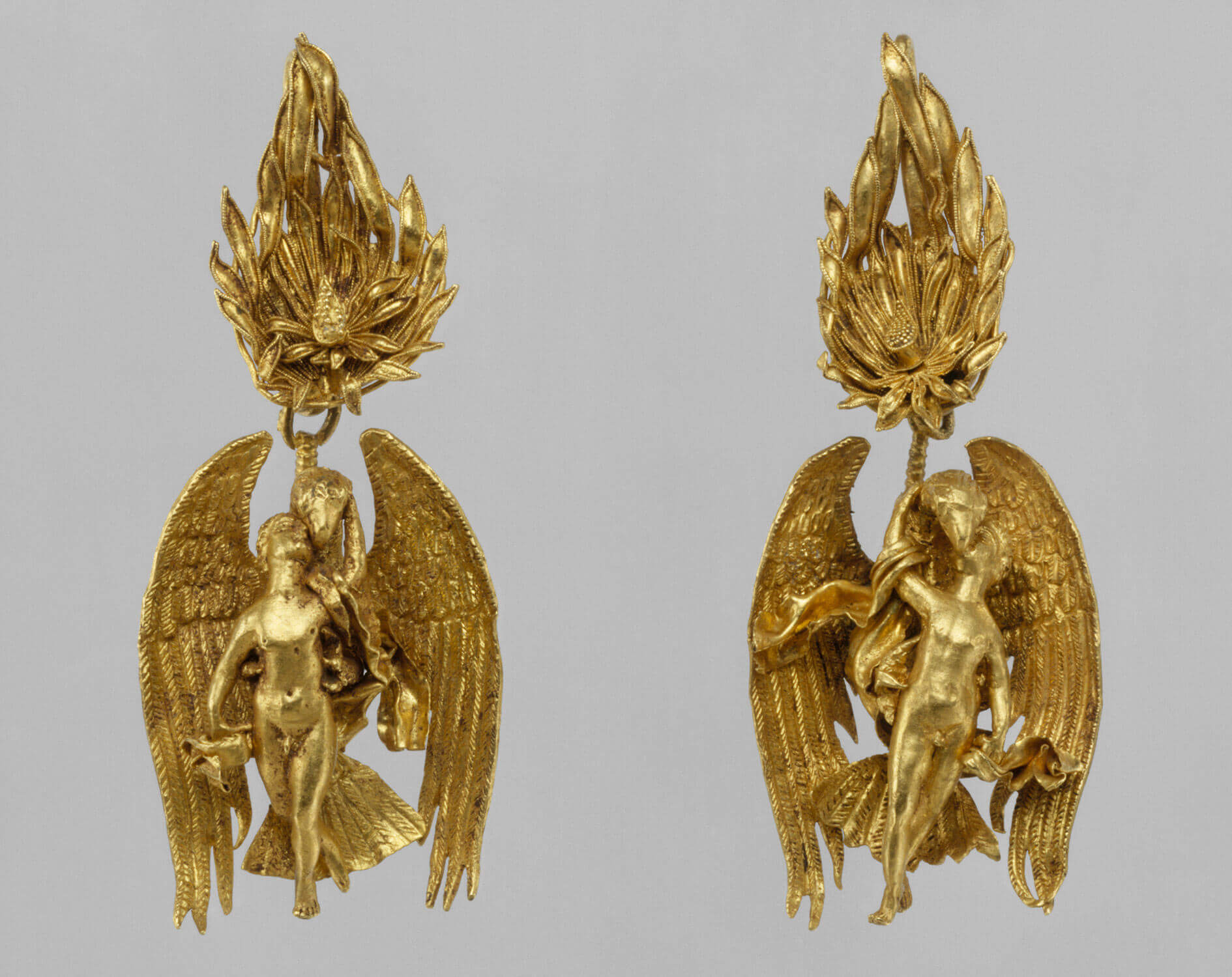 Gold earrings with Trojan prince Ganymede drops, 330-300 BCE.