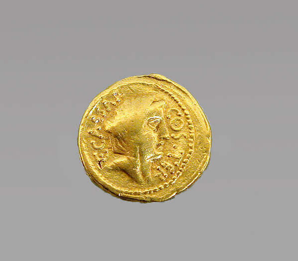 Gold Roman coin of Julius Caesar, 46 BCE.